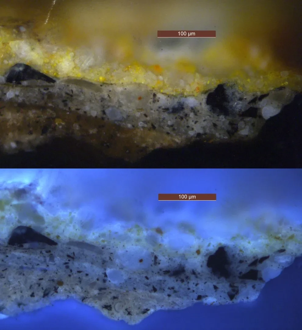 Layers of paint analysed under a microscope. The photo is split into two sections: the top section shows the paint under normal light, the bottom under ultraviolet light 